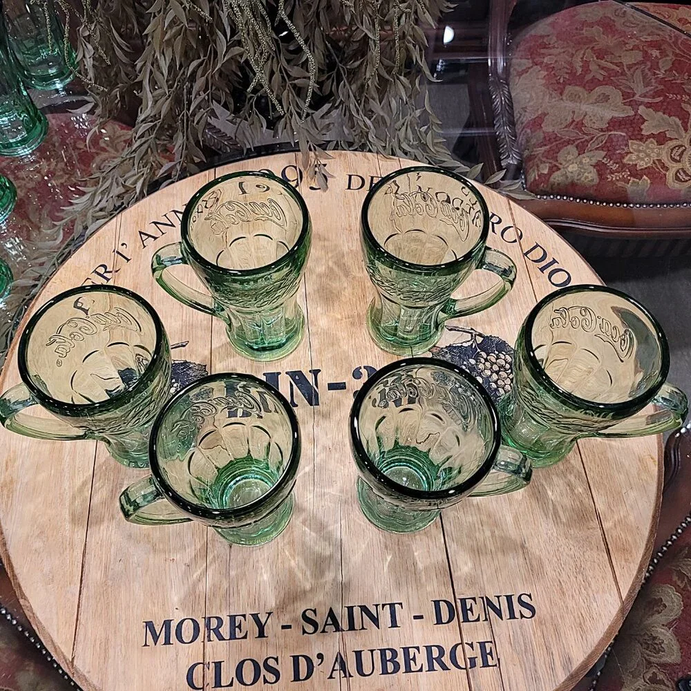 Set of 6 Vintage Libbey Green Glass Coca-Cola Coke Mug with Handle 14oz